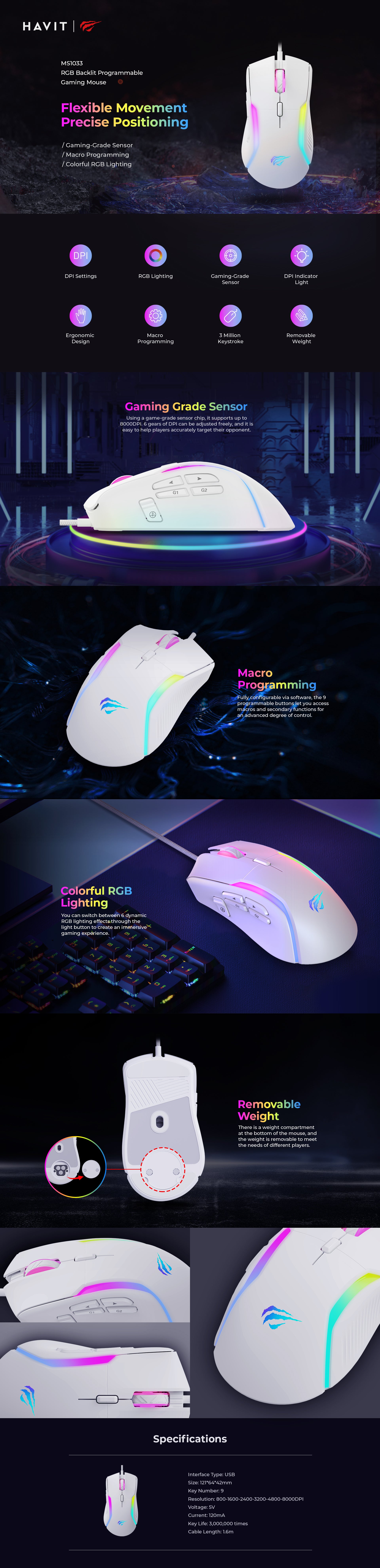 Multifaceted view of a white gaming mouse with RGB lighting on a dark background